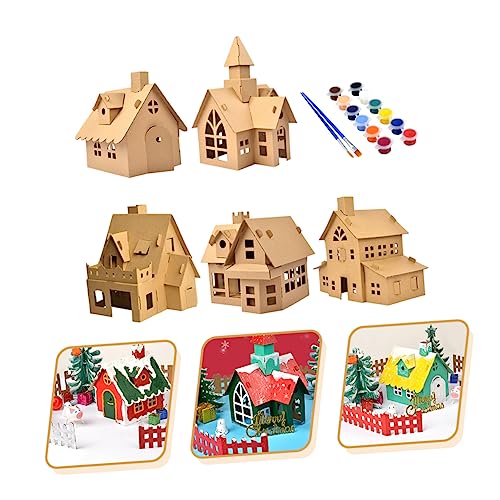 Toyvian 5 Sets Christmas Cookie House 3D Gingerbread House Cardboard City House Unfinished Xmas House Xmas Homemade Hut Wooden Christmas Village Toyvian
