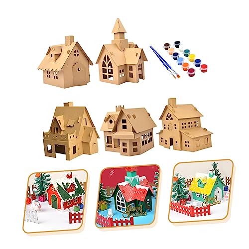 Toyvian 5 Sets Christmas Cookie House 3D Gingerbread House Cardboard City House Unfinished Xmas House Xmas Homemade Hut Wooden Christmas Village