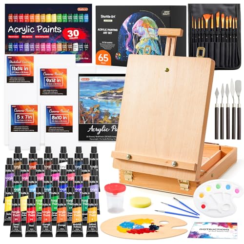 65 Pack Acrylic Paint Set, Shuttle Art Acrylic Painting Set with Wooden Easel, 30 Colors Acrylic Paint, Painting Canvas, Paint Brushes, Palettes, Art Shuttle Art