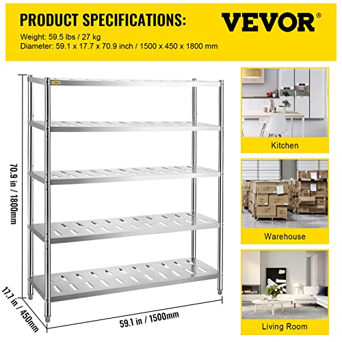 VEVOR Storage Shelf, 5-Tier Storage Shelving Unit, Stainless Steel Garage Shelf, 59.1 x 17.7 x 70.9 inch Heavy Duty Storage Shelving, 661 Lbs Total - WoodArtSupply