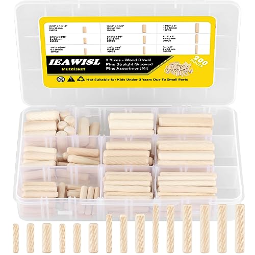 Wooden Dowel Pins, 200PCS Mutdisket Wood Beveled Ends Tapered Pins Wood Pegs, Groove Wooden Dowel Pins - 9 Sizes 6mm 8mm 10mm Straight Grooved Pins IEAWISL