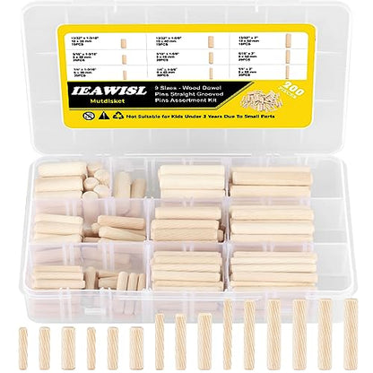 Wooden Dowel Pins, 200PCS Mutdisket Wood Beveled Ends Tapered Pins Wood Pegs, Groove Wooden Dowel Pins - 9 Sizes 6mm 8mm 10mm Straight Grooved Pins - WoodArtSupply