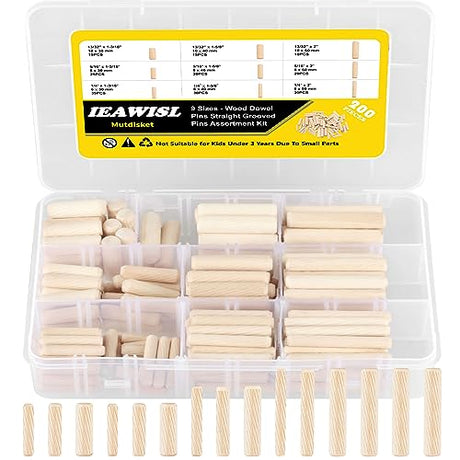 Wooden Dowel Pins, 200PCS Mutdisket Wood Beveled Ends Tapered Pins Wood Pegs, Groove Wooden Dowel Pins - 9 Sizes 6mm 8mm 10mm Straight Grooved Pins IEAWISL