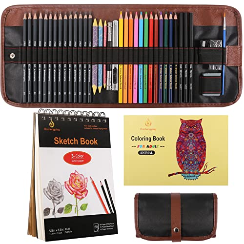 Heshengping, 41pcs Sketching Pencil Set Drawing Sketch Kit Graphite Pencils Charcoal Pencils Watercolor Pencils Blending Stumps 50page sketchbook, - WoodArtSupply