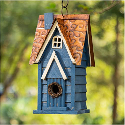 Glitzhome 12" H Retro Blue Distressed Solid Wood Cottage Birdhouse Hanging Bird House for Outdoors glitzhome