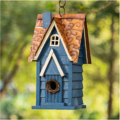 Glitzhome 12" H Retro Blue Distressed Solid Wood Cottage Birdhouse Hanging Bird House for Outdoors glitzhome