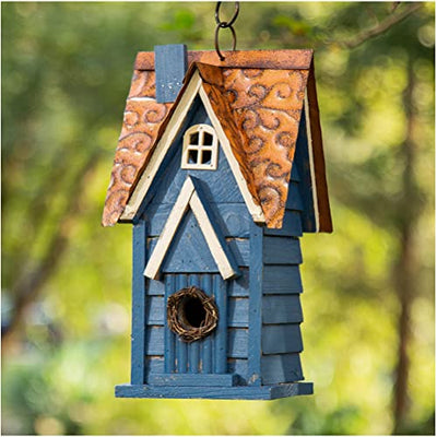 Glitzhome 12" H Retro Blue Distressed Solid Wood Cottage Birdhouse Hanging Bird House for Outdoors
