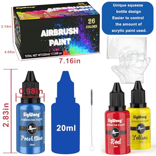 Airbrush Paint Set - 26 Colors Airbrush Paint, Ready to Spray, Water Based Acrylic Airbrush Paint Kit for Metal, Plastic Models, Leather - 0.7fl oz SigWong