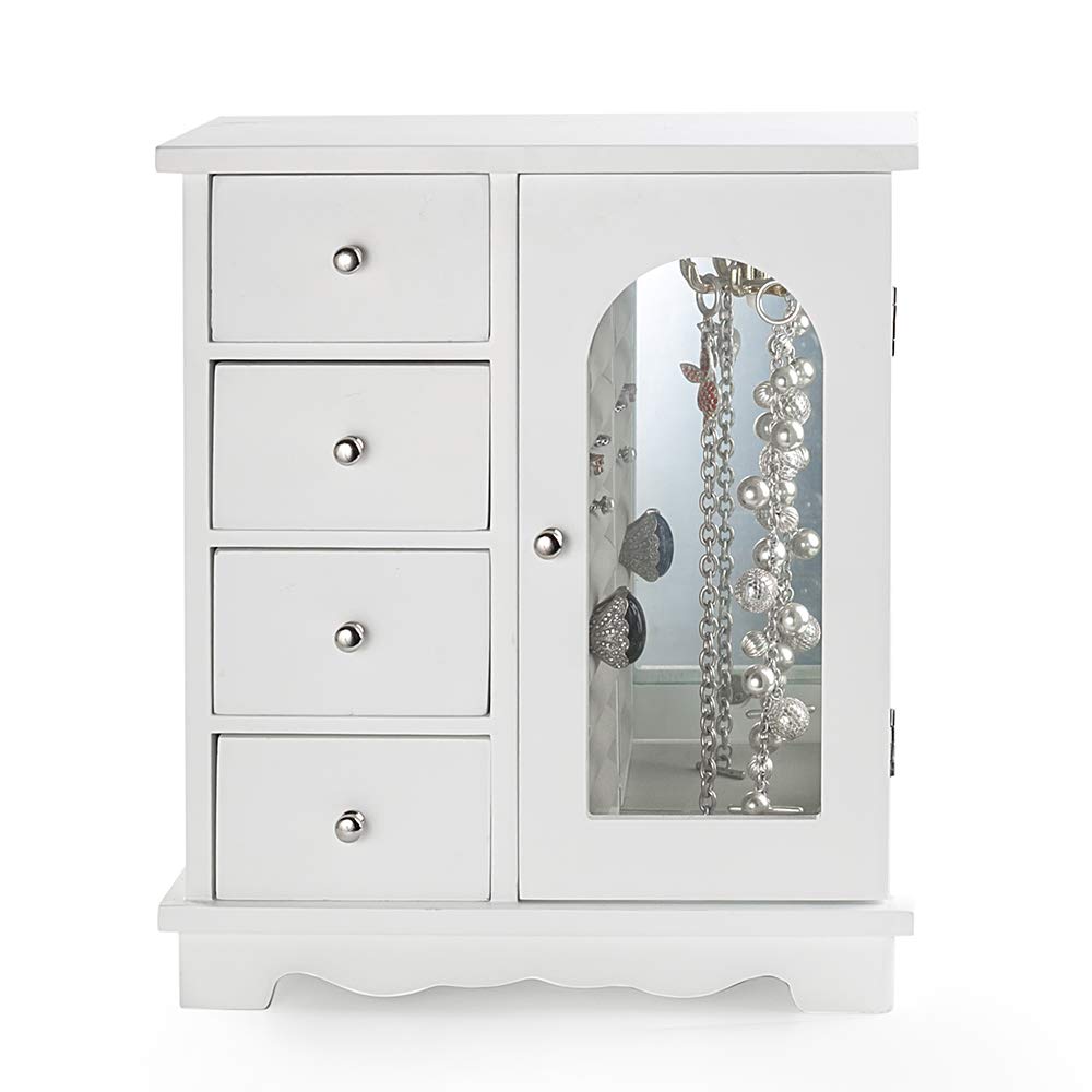 ZGZD White Jewelry Box Wooden Makeup and Accessories Organizer Girls Ring Storage with 4 Drawers and Swing Door ZGZD