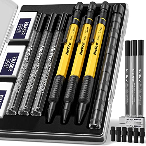 Nicpro 3 PCS 1.3 mm Mechanical Pencils Set with 36 Lead Refill, 3 Eraser - Weatherproof Metal Barrel, Heavy Duty Carpenter Pencil for Outdoor Marking Nicpro