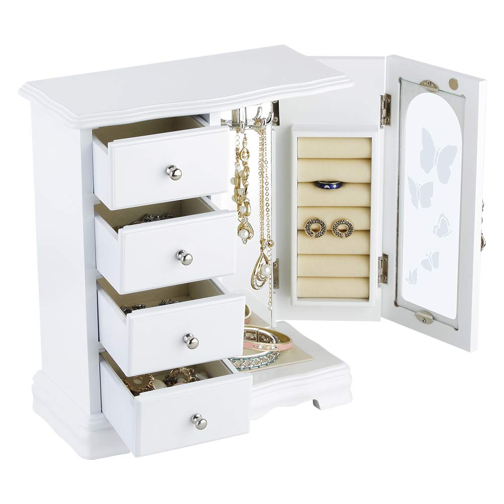 RR ROUND RICH DESIGN Jewelry Box - Made of Solid Wood with 4 Drawers Organizer and Built-in Necklace Carousel and Large Mirror White RR ROUND RICH DESIGN