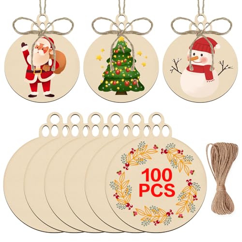 Raweao 100 Pcs Wood Ornaments for Crafts - DIY Natural Wood Slices with 100 Pieces Strings for New Year Christmas Tree Holiday Ornaments - WoodArtSupply