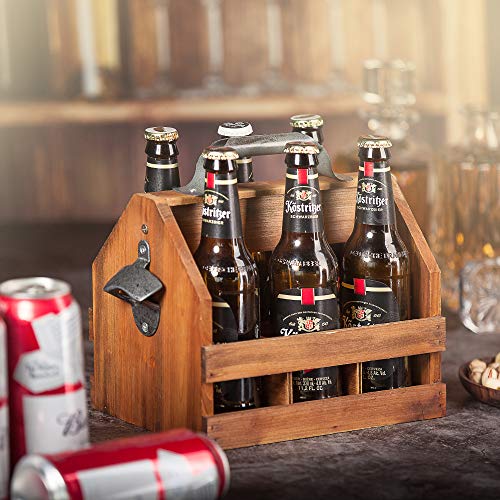 BARGIFTS Wooden 6-Bottle Caddy with Bottle Opener, build in a Removable Middle Divider Metal Bottle Opener… (Brown) - WoodArtSupply