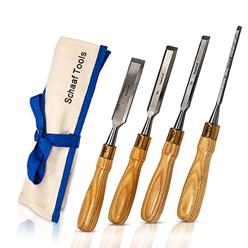 Schaaf Tools 4-Piece Wood Chisel Set | Finely Crafted Wood Chisels for Woodworking | Durable Cr-V Steel Bevel Edged Blade, Tempered to 60HRc | Tool Schaaf Wood Carving Tools