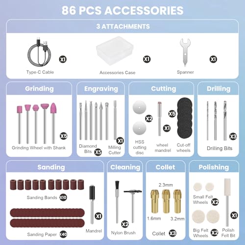 HARDELL Mini Cordless Rotary Tool, 5-Speed Rotary Tool Kit with 86 Accessories, 4V Power Rotary Tool for Cutting, Engraving, Sanding, Drilling, HARDELL