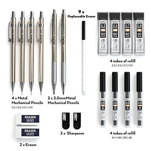 Nicpro 6 PCS Art Mechanical Pencils Set, Metal Artist Drafting Pencil 0.3 & 0.5 & 0.7 & 0.9 mm & 2 PCS 2mm Graphite Lead Holder(4B 2B HB 2H) For Nicpro