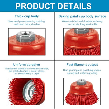 SALI 4" Abrasive Filament Nylon Bristle Cup Brush - Coarse Sanding Scuffing Brush, 5/8" 11 Thread, 1/4" Drill Arbor -Metal Furniture Surface - WoodArtSupply