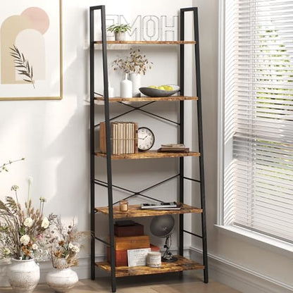 Yusong 5-Tier Industrial Ladder Bookshelf - Rustic Brown Storage Rack for Home and Office - WoodArtSupply