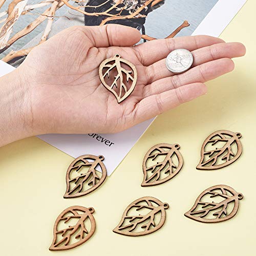 Pandahall 20Pcs Hollow Leaf Natural Wood Beads Pendants 45x28.5x2mm Unfinished Large Leaf Dangle Charms with Loop for Earring Bracelet Necklace PH PandaHall