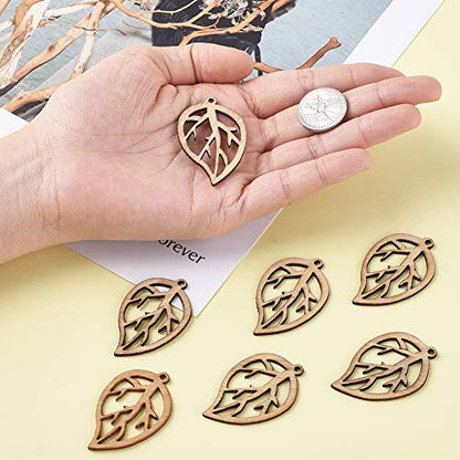 Pandahall 20Pcs Hollow Leaf Natural Wood Beads Pendants 45x28.5x2mm Unfinished Large Leaf Dangle Charms with Loop for Earring Bracelet Necklace