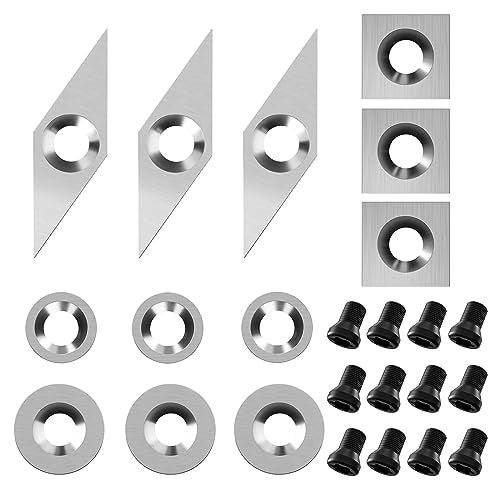 TBPA 24 Pieces Tungsten Carbide Cutters Inserts Set for Wood Lathe Turning Tools Included 11mm Square with Radius,12mm and 8.9mm Round, 30x10mm Sharp