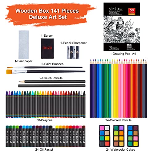 AGPTEK Art Set, 141 Pieces Deluxe Art Set, Wooden Painting Case & Art Supplies Kit with Crayons, Colored Pencils, Sketch Pencils, Paint Brushes, AGPTEK