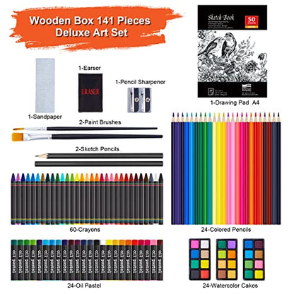 AGPTEK Art Set, 141 Pieces Deluxe Art Set, Wooden Painting Case & Art Supplies Kit with Crayons, Colored Pencils, Sketch Pencils, Paint Brushes, - WoodArtSupply