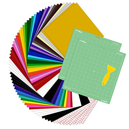 HTVRONT 70 Pack Vinyl for Cricut Machine, 57 Sheets 12" X 12" Permanent Adhesive Vinyl Sheets & 2 Cutting Mat & 10 Transfer Paper for Vinyl - WoodArtSupply