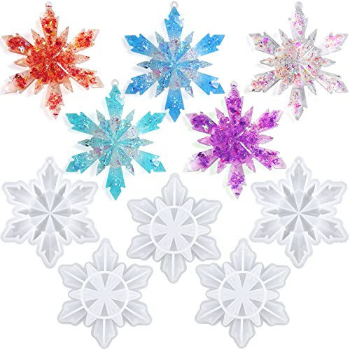 Sakolla 5 Pieces Christmas Silicone Resin Molds 3D Snowflake Molds Silicone Epoxy Casting Resin Mould for DIY Christmas Ornament Jewelry Pendant
