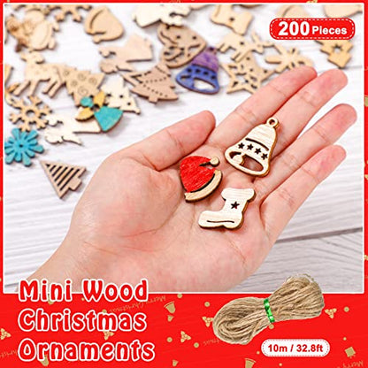 200 Pieces Christmas Unfinished Mini Wooden Ornaments Halloween Thanksgiving DIY Mini Wood Blank Cutouts with Storage Box and Twine for Christmas