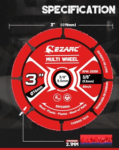 EZARC 3 Inch Cut Off Wheels, Carbide Cutting Disc, Angle Grinder Cutting Wheel for Wood, Wood with Nails, Laminate, Plastic, Plaster, 2 Pack EZARC