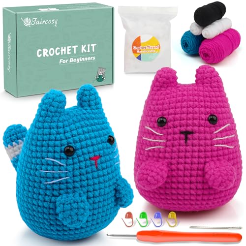 Faircosy Crochet Kit for Beginners Crocheting: Crochet Animal Kits for Kids & Adults - Learn to Knitting Cat Amigurumi Starter Kit with Detailed Faircosy