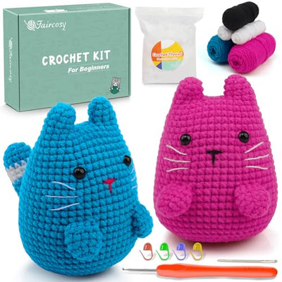 Faircosy Crochet Kit for Beginners Crocheting: Crochet Animal Kits for Kids & Adults - Learn to Knitting Cat Amigurumi Starter Kit with Detailed