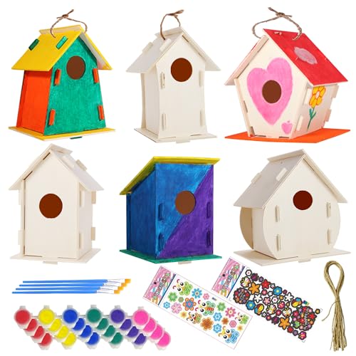 6 Pack Large DIY Bird Houses Kits for Kids, Kids Crafts Wood Houses for Crafts Class Parties, DIY Crafts and Art Birdhouse Kits, Paint Strips,
