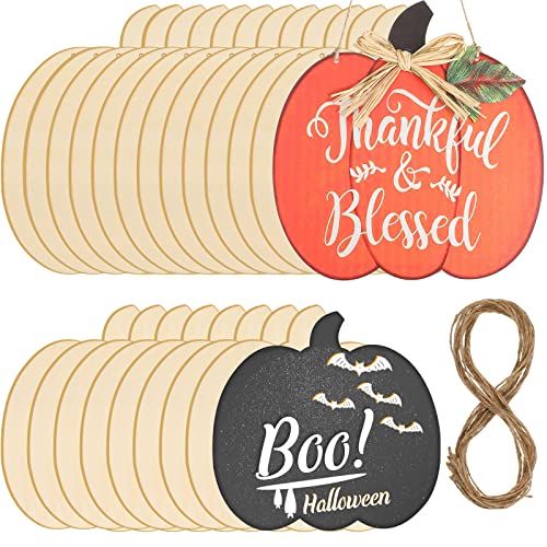 Halloween Wooden Pumpkin Thanksgiving Thankful Blessed Wood Cutout 11 Inch and 8 Inch Unfinished Craft Cutout Blank Hanging Ornament Slice with Twine