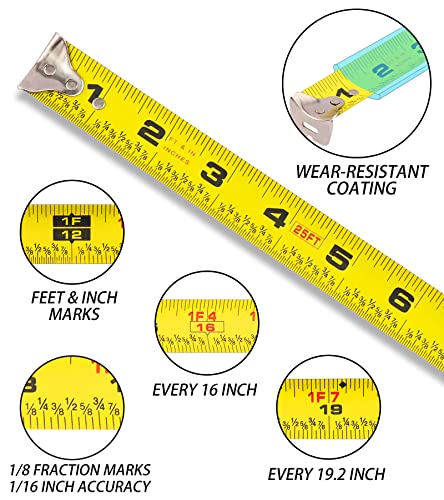 DOWELL Measuring Tape Measure 25ft Measurement Tape Steel Blade Shock Absorbent Solid Rubber Case Accurate Easy Read with Fractions 1/8 for