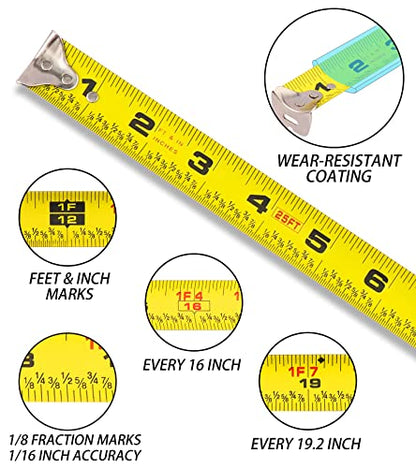 DOWELL Measuring Tape Measure 25ft Measurement Tape Steel Blade Shock Absorbent Solid Rubber Case Accurate Easy Read with Fractions 1/8 for