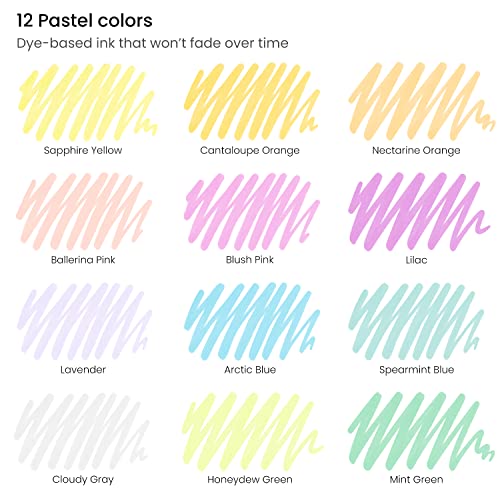 ARTEZA Felt Tip Pens, Set of 12 Pastel Brush Tip Calligraphy Pens for Note Taking, Sketching, Cross-Hatching, and Outlining, Dye-Based Ink, ARTEZA