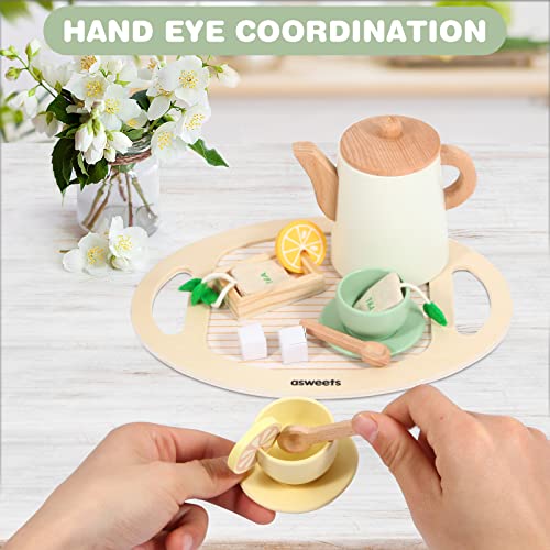 Asweets Wooden Tea Set for Little Girls,Tea Party Set Play Kitchen Accessories for Kid Playset Pretend Toddler Tea Set Toy Asweets
