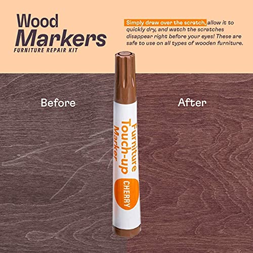 Katzco Furniture Repair Kit Wood Markers - Set of 13 - Markers and Wax Sticks with Sharpener - for Stains, Scratches, Floors, Tables, Desks, Katzco