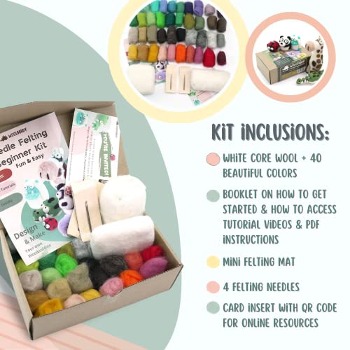 Woolbuddy Needle Felting Kit, Beginner Felting Kit, Felting Tools Included, 40 Colored Felting Wool, Mini Needle Felting Pad, 4 Needle Felting Woolbuddy