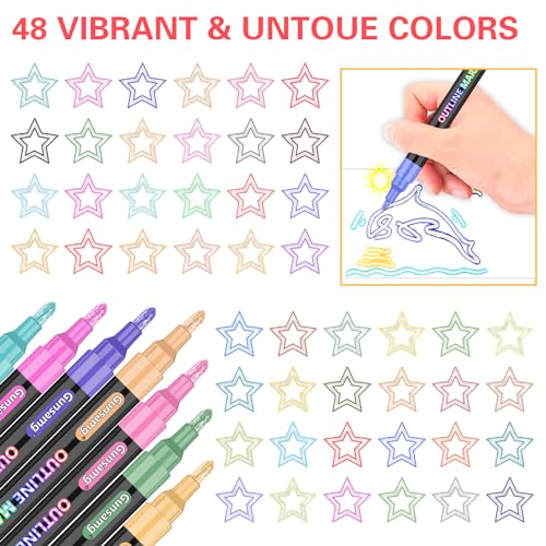 Gunsamg Outline Markers Double Line 48 Colors for Doodle Writing Shimmer Markers Pens Outline pens with Glitter, and Metallic Effects - WoodArtSupply