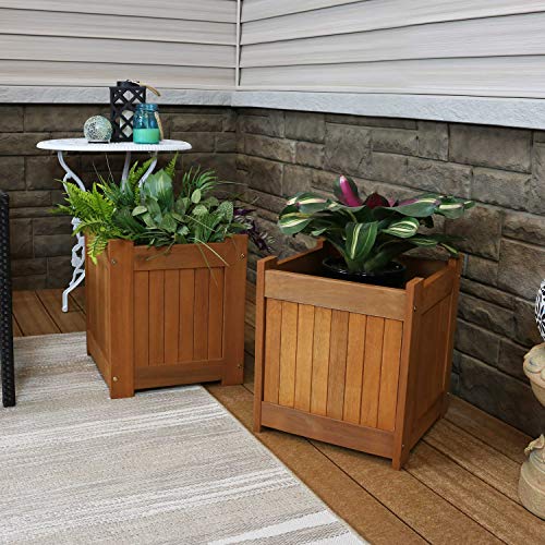 Sunnydaze Meranti Wood 16-Inch Square Planter Box with Teak Oil Finish - Set of 2 - WoodArtSupply