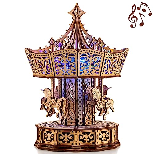 Wood Trick Parisian Carousel Wooden Music Box Kit - DIY 3D Puzzle for All Ages with Backlight Wood Trick