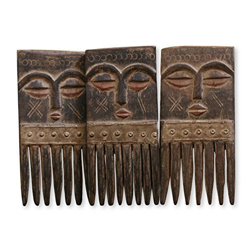 NOVICA Handcrafted Carved Brown Wood Comb Sculptures with Faces Wall Art, Ashanti Wisdom' (Set of 3) NOVICA