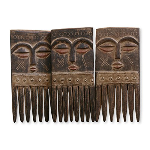 NOVICA Handcrafted Carved Brown Wood Comb Sculptures with Faces Wall Art, Ashanti Wisdom' (Set of 3)