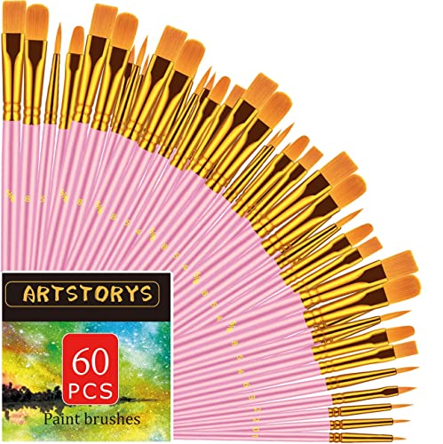 Paint Brushes Set, 60 Pcs Paint Brushes for Acrylic Painting, Oil Watercolor Acrylic Paint Brush, Artist Paintbrushes for Body Face Rock Canvas, Kids Artstorys