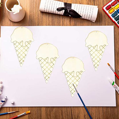 20pcs Ice Cream Wood DIY Crafts Cutouts Wooden Ice Cream Shaped Hanging Ornaments with Hole Hemp Ropes Gift Tags for Wedding Birthday Christmas