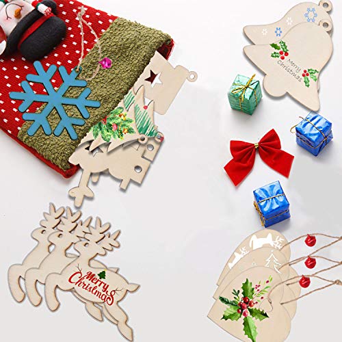 50 Pieces Christmas Wooden Ornaments Blanks Pendants Unfinished Wood Slices Hanging for Festivals DIY Crafts Decoration, 10 Styles DECYOOL