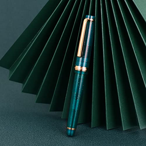 Jinhao 82 Acrylic Fountain Pen, Iridium Extra Fine Nib with Ink Converter, Transparent Peacock Blue Fluorescent Classic Design Smooth Writing Pen Wikult